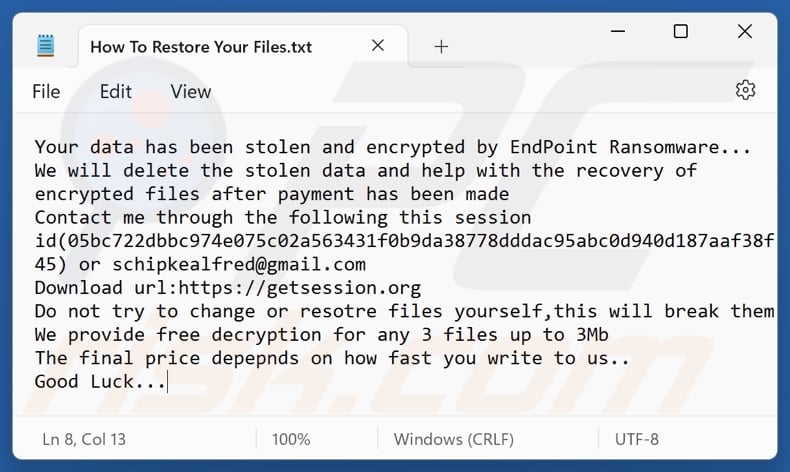 EndPoint ransomware text file (How To Restore Your Files.txt)