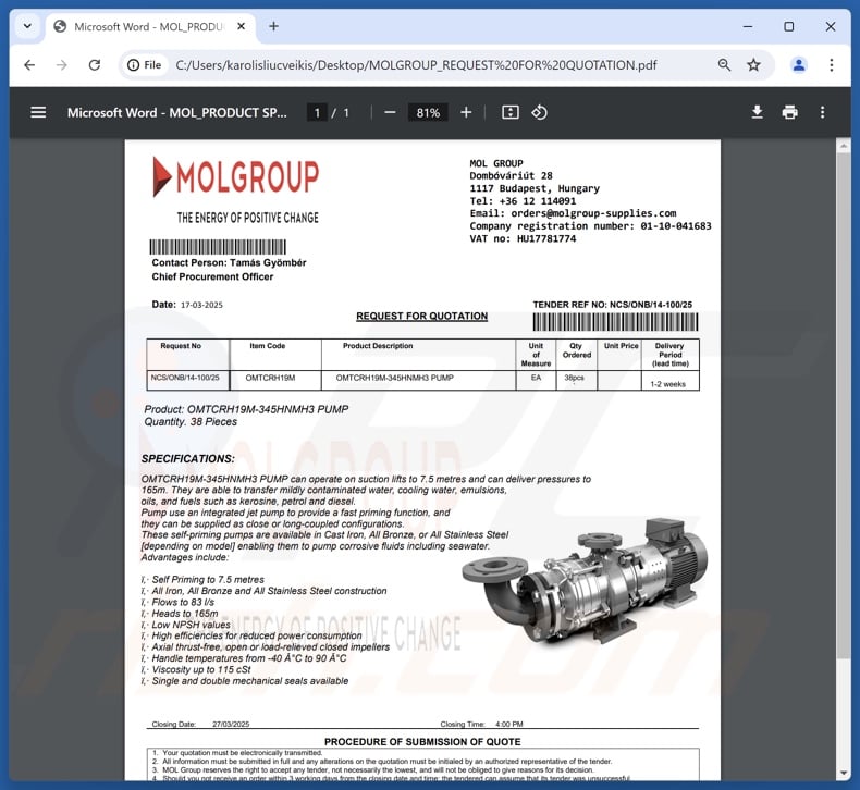 Invitation To Supply Products scam email attachment (MOLGROUP_REQUEST FOR QUOTATION.pdf)