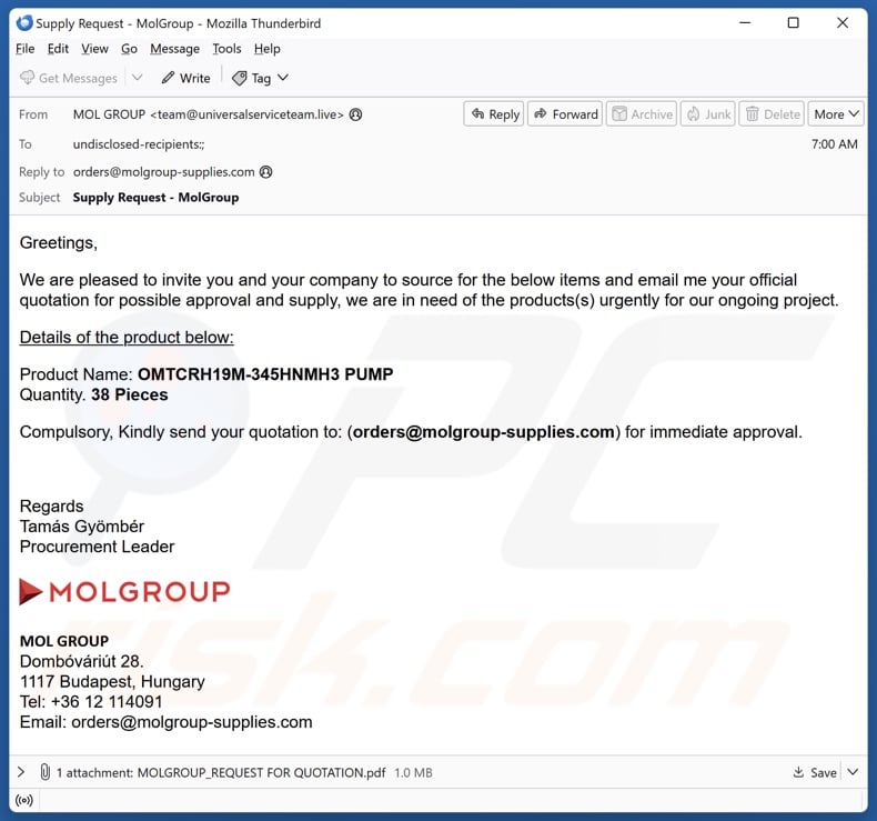 Invitation To Supply Products email spam campaign