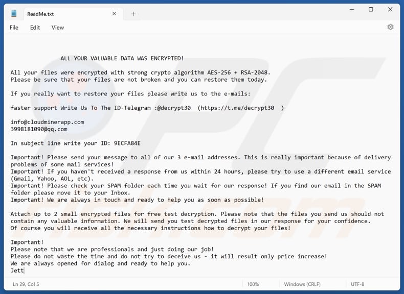 Jett ransomware text file (ReadMe.txt)