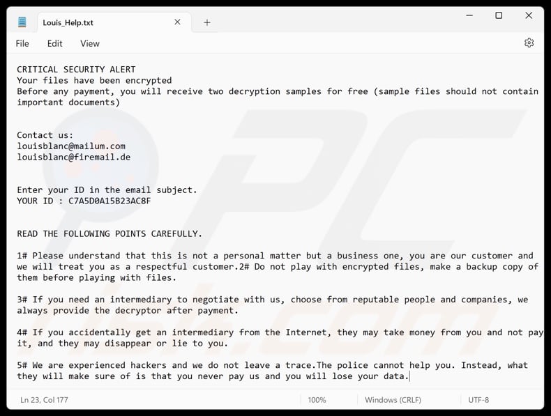 Louis ransomware ransom note (Louis_Help.txt)
