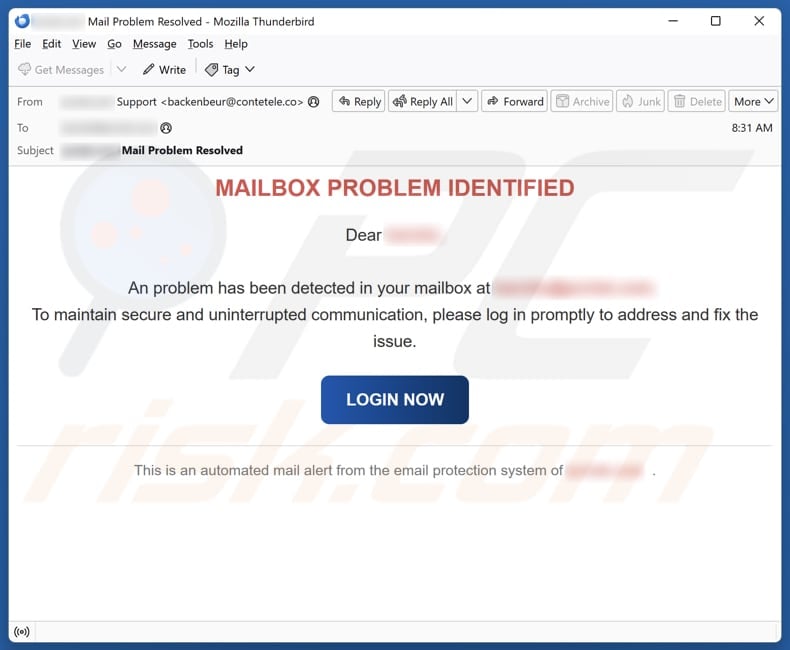 Mailbox Problem Identified email spam campaign
