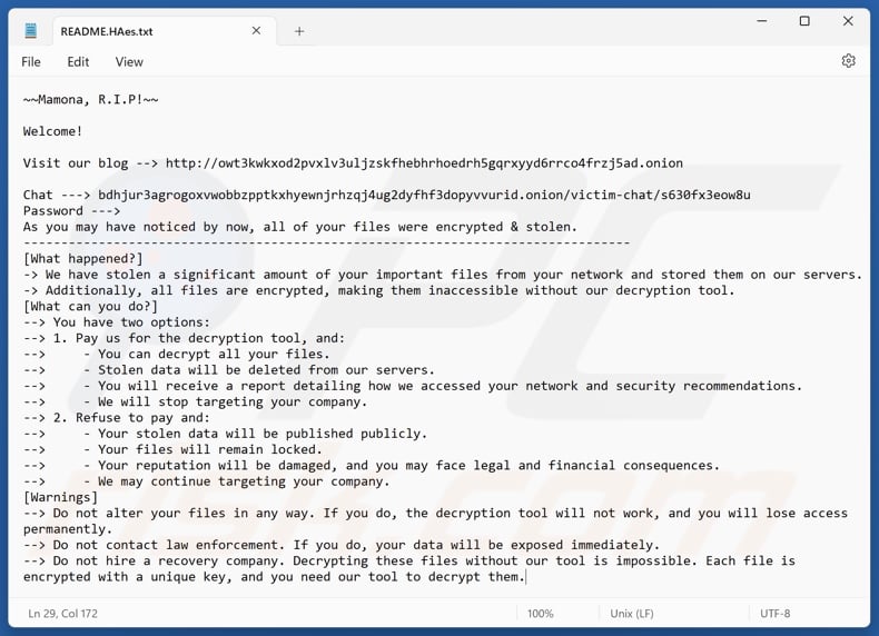 Mamona ransomware ransom note (README.HAes.txt)