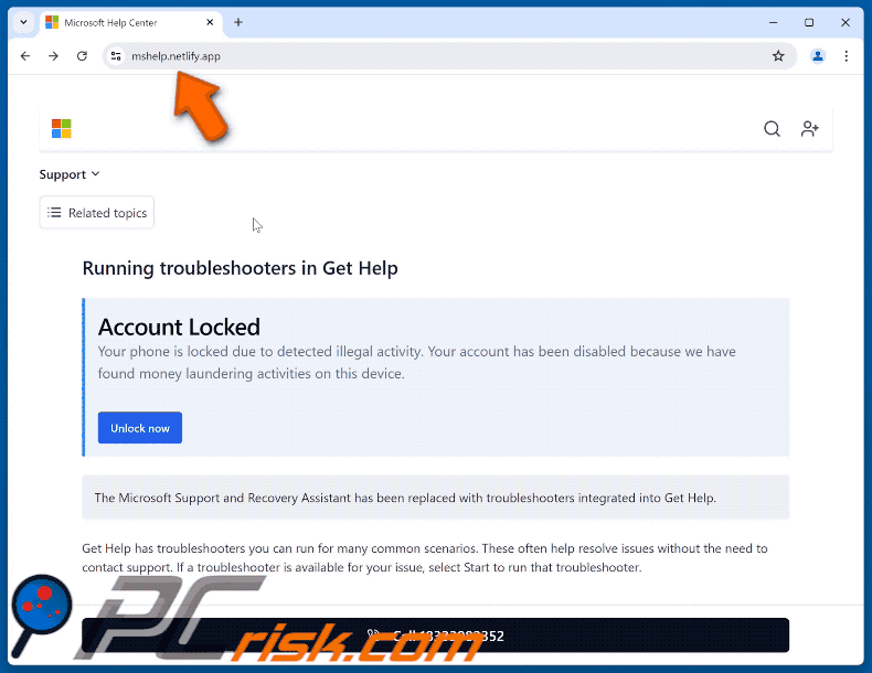 Appearance of Microsoft Account Locked scam (GIF)