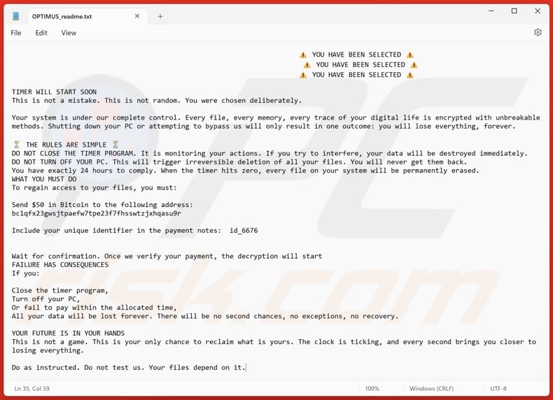 Optimus ransomware text file (OPTIMUS_readme.txt)