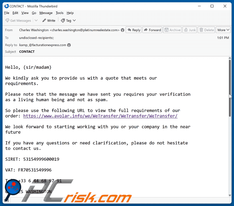 Quote That Meets Our Requirements scam email appearance (GIF)