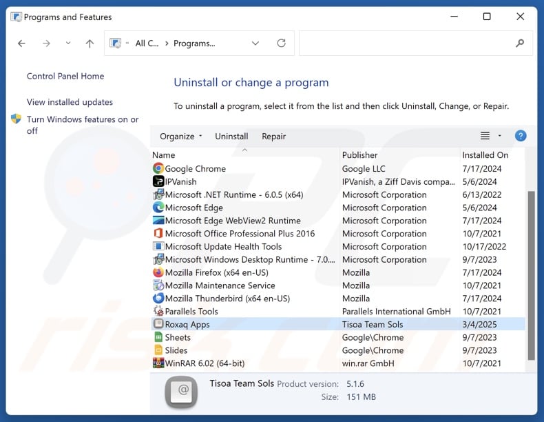 Roxaq Apps uninstall via Control Panel