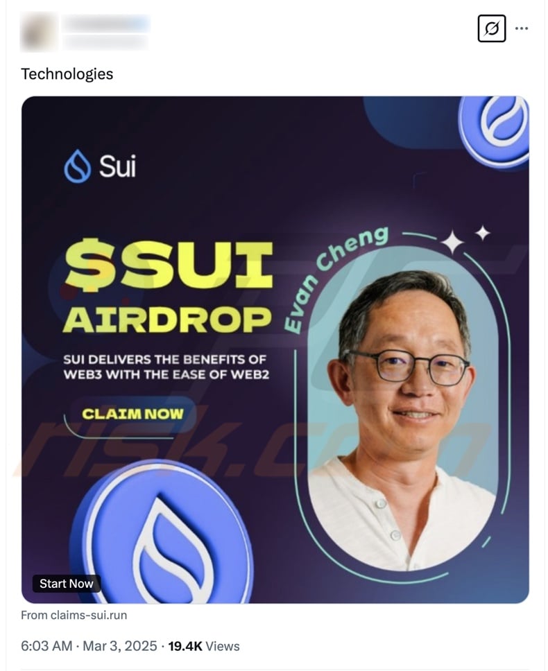 $SUI Airdrop scam promoting X (Twitter) post