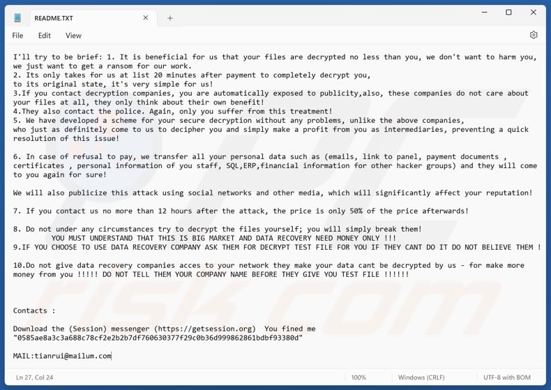 Tianrui ransomware ransom note (README.TXT)