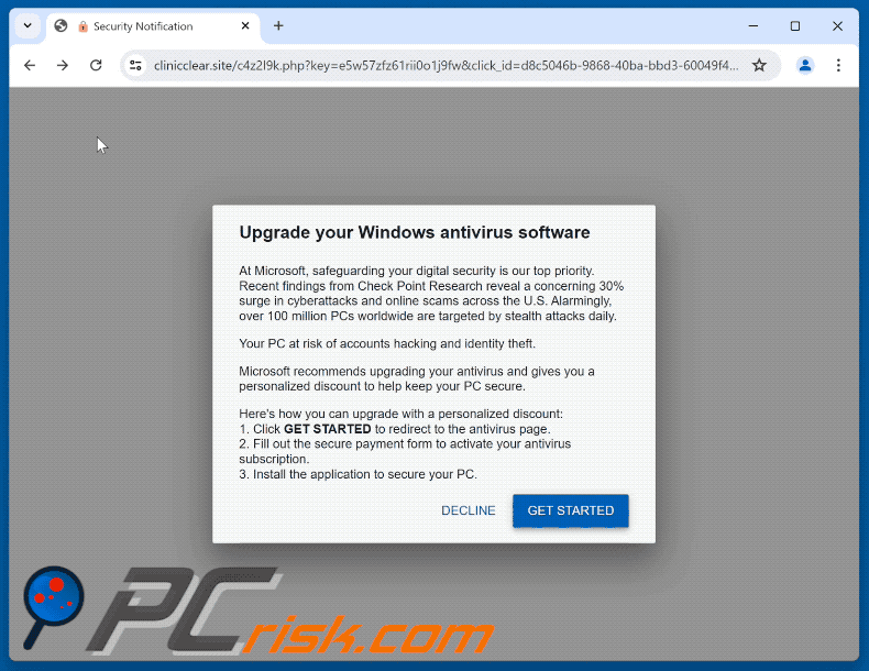 Appearance of Upgrade Your Windows Antivirus Software scam (GIF)