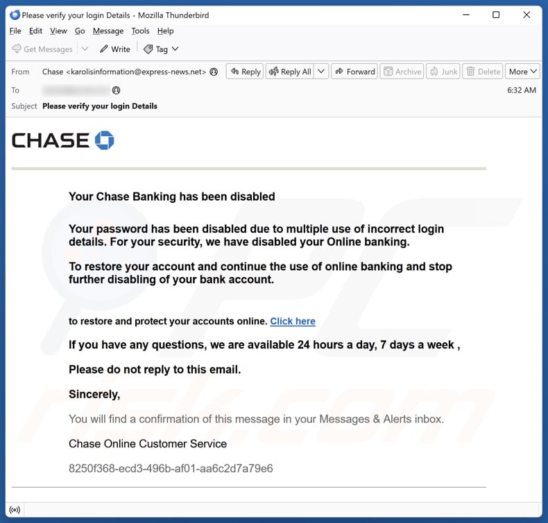 Your Chase Banking Has Been Disabled email spam campaign