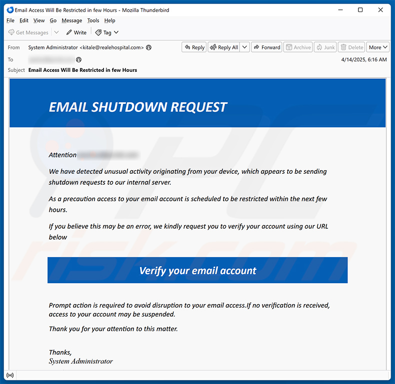 EMAIL SHUTDOWN REQUEST scam (2025-04-15)