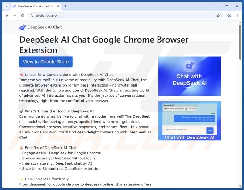 Website used to promote fake DeepSeek AI Chat extension