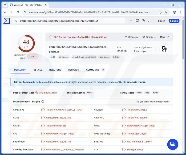 GRAPELOADER malware detections on VirusTotal