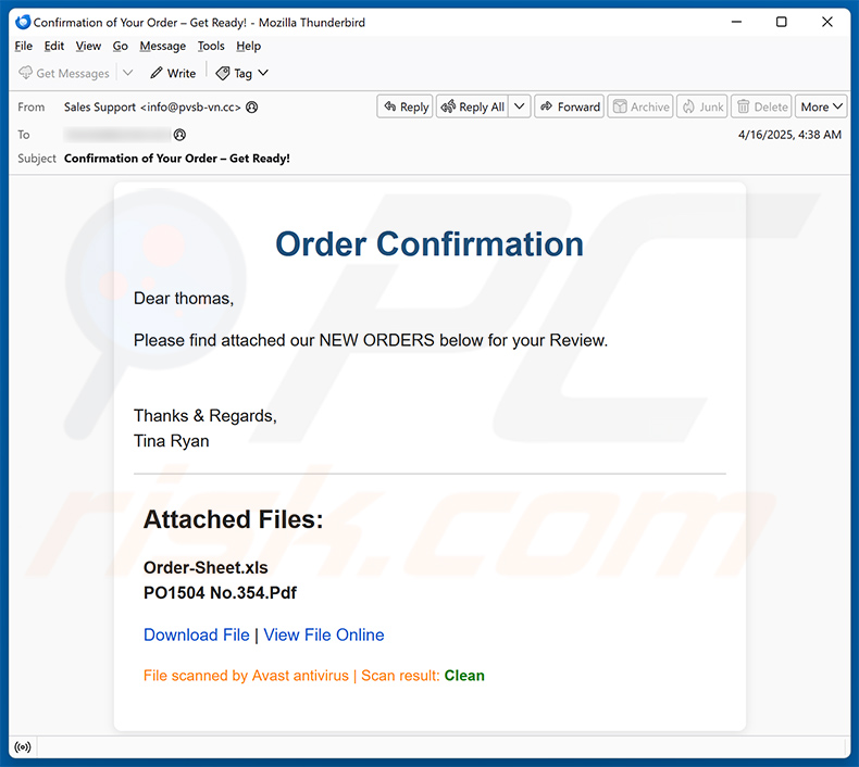 Order Confirmation email scam (2025-04-17)