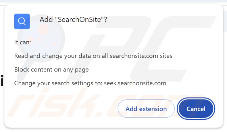 SearchOnSite browser hijacker asking for permissions