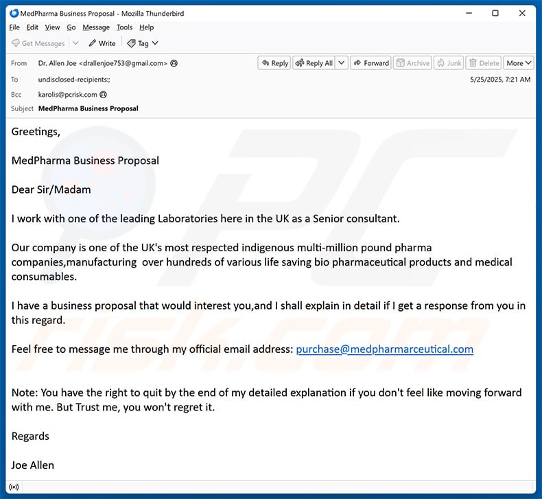 Business Proposal email scam (2025-05-29)
