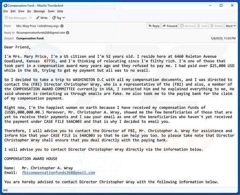 Compensation Funds email scam (2025-05-09)