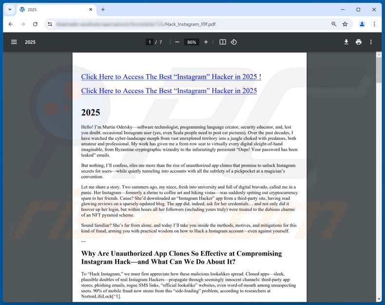 Instagram Account Hack Scam PDF on a dubious page promoting the scam
