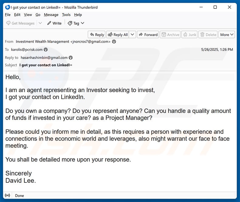 Invest In Your Company email scam (2025-05-29)