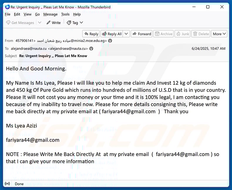 Disposal Of Gold Bars, Nuggets And Diamonds email scam (2025-06-27)