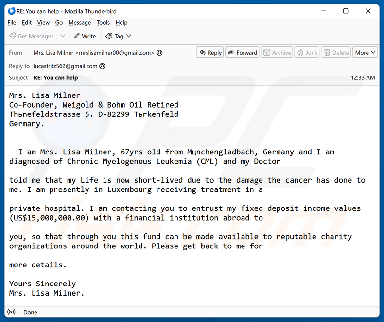 Donation To Charity Through You email scam (2025-07-01)