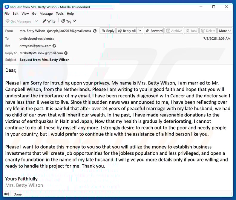 Donation To Charity Through You Email Scam (2025-07-09 - sample 1)