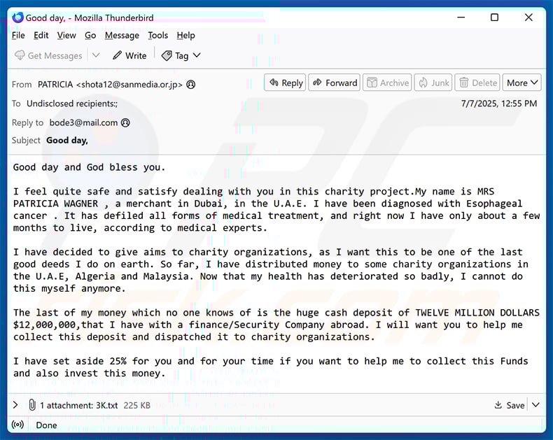 Donation To Charity Through You Email Scam (2025-07-09 - sample 2)