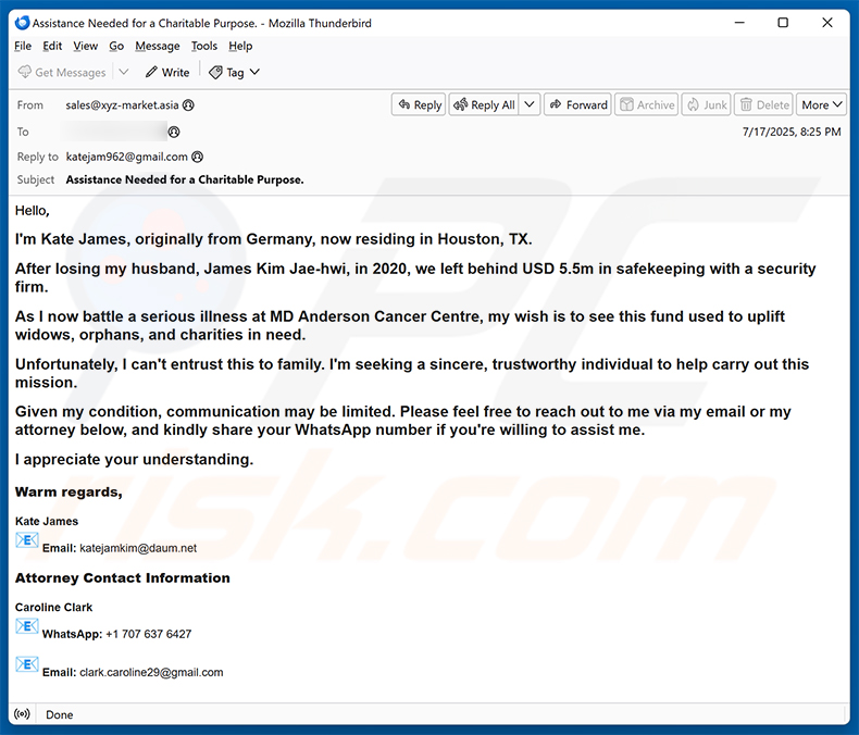 Donation To Charity Through You Email Scam (2025-07-22)
