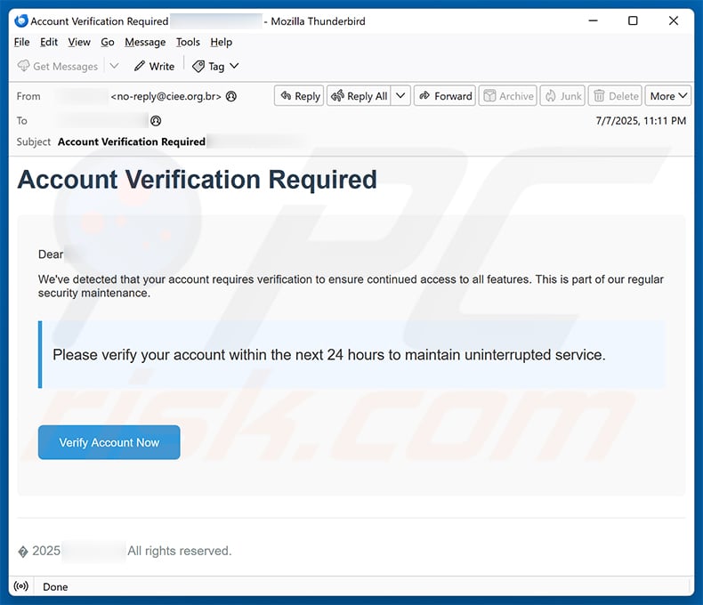 Email Account Requires Verification scam (2025-07-09)