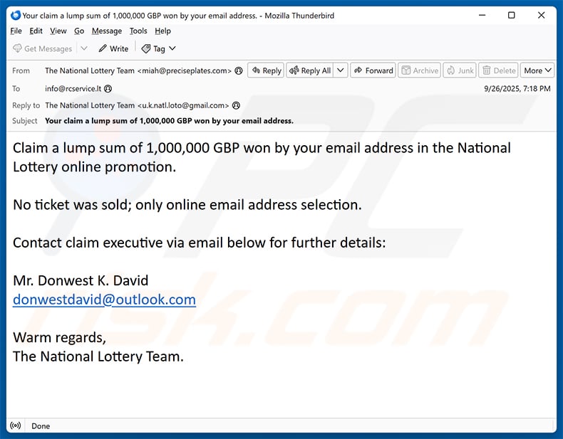 National Lottery email scam (2025-09-29)