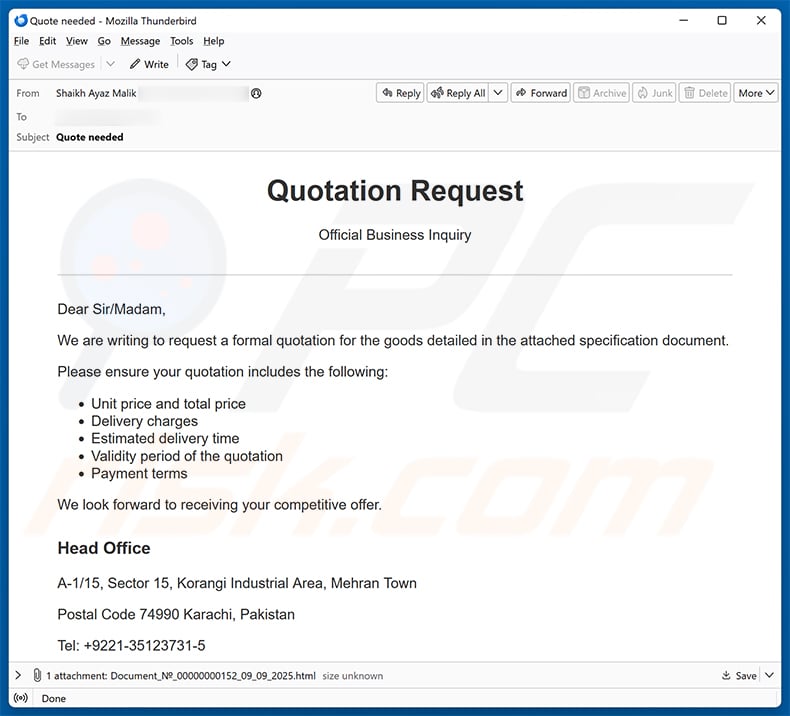 Quotation Request email scam (2025-09-12)