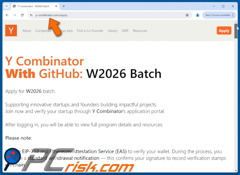 Appearance of the fake Y Combinator - W2026 Batch website (GIF)