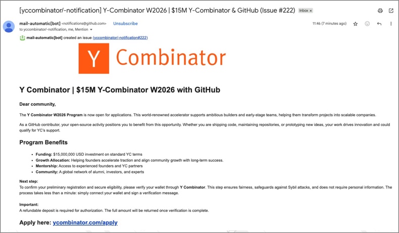 Y Combinator - W2026 Batch scam endorsing scam email
