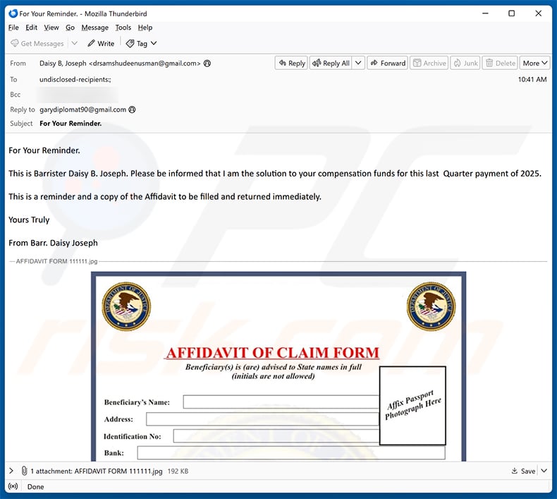 Compensation Funds email scam (2025-10-15)