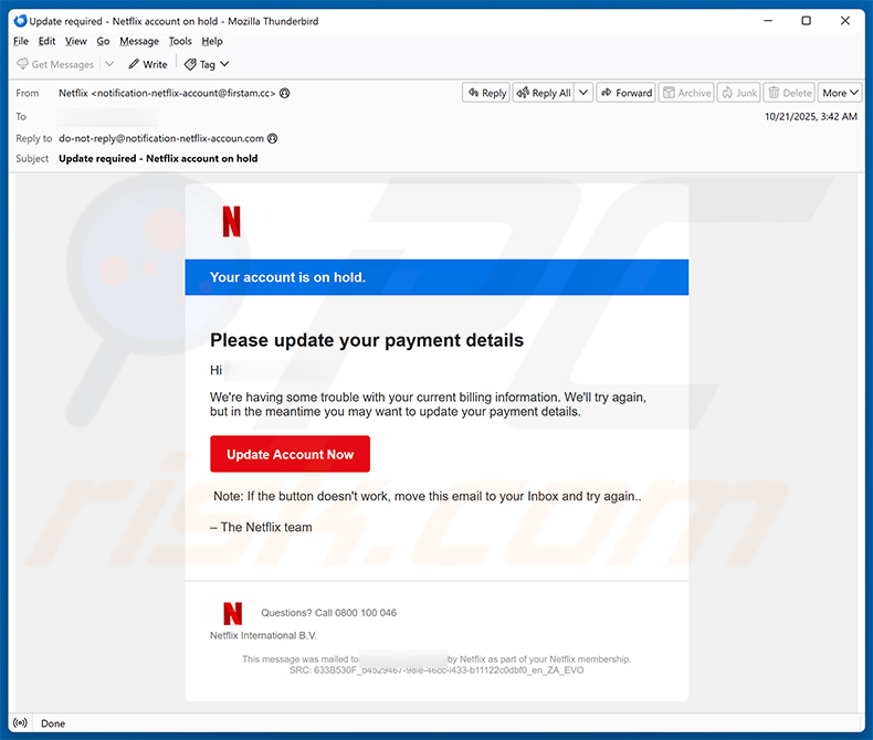 Netflix - Update Your Account Information email scam (2025-10-22)