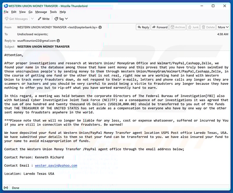 Western Union Money Transfer email scam (2025-10-22)