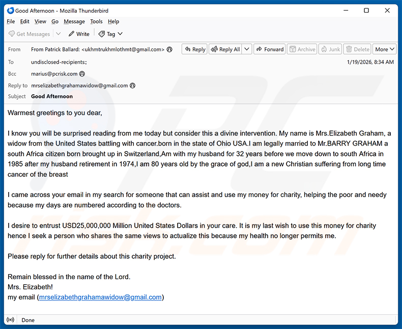 Donation To Charity Through You Email Scam (2026-01-20)