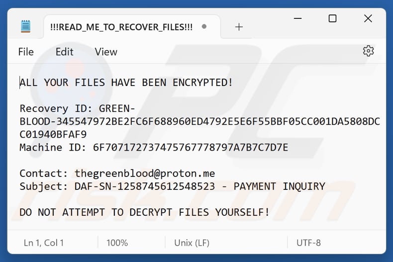 Green Blood ransomware text file (!!!READ_ME_TO_RECOVER_FILES!!!.txt)