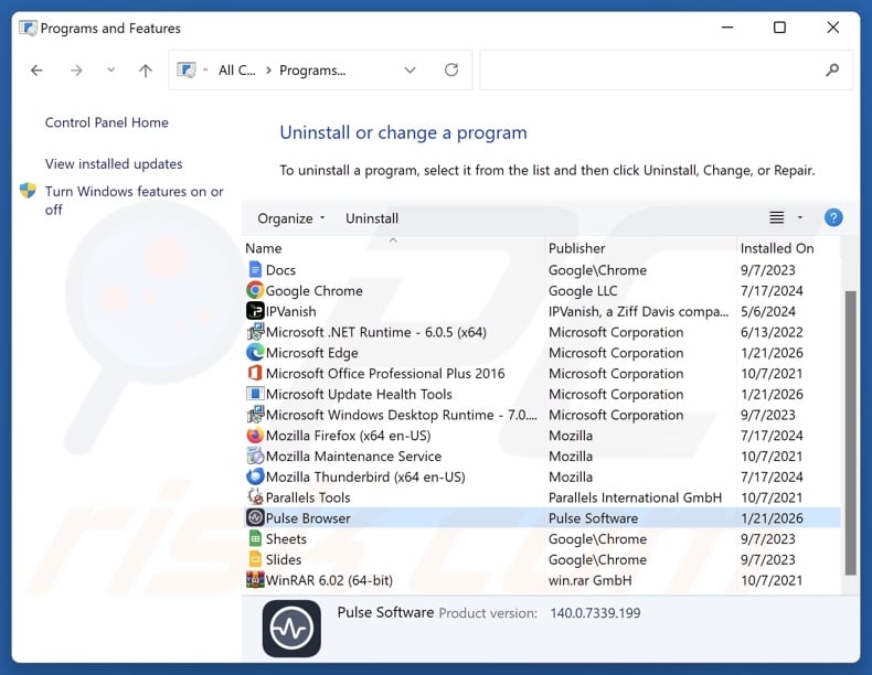 Pulse uninstall via Control Panel