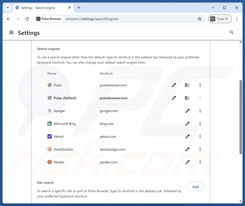 Pulse PUA search engine settings