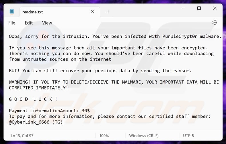 PurpleCrypt0r ransomware text file (readme.txt)