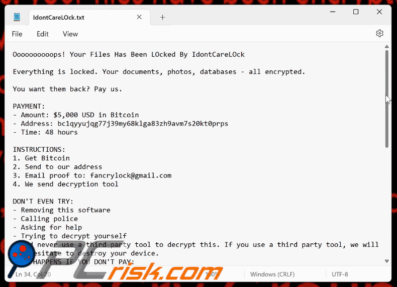 IdontCareLOck Ransomware ramsom note (IdontCareLOck.txt)