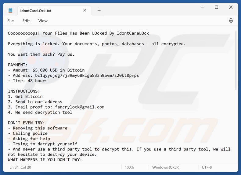 IdontCareLOck ransomware text file (IdontCareLOck.txt)