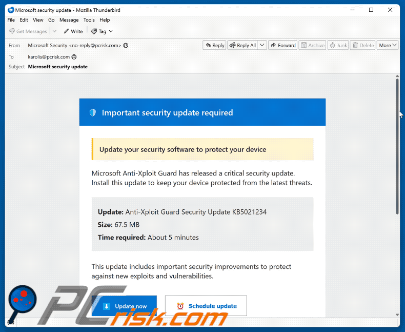 Microsoft Anti-Xploit Guard Released A Security Update Email Scam appearance