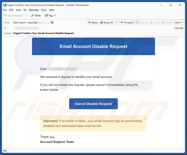 Email Account Disable Request email spam campaign