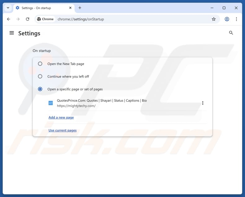 Removing mightytechy.com from Google Chrome homepage