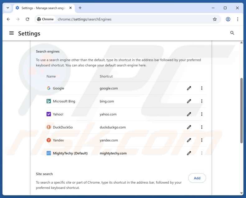 Removing mightytechy.com from Google Chrome default search engine