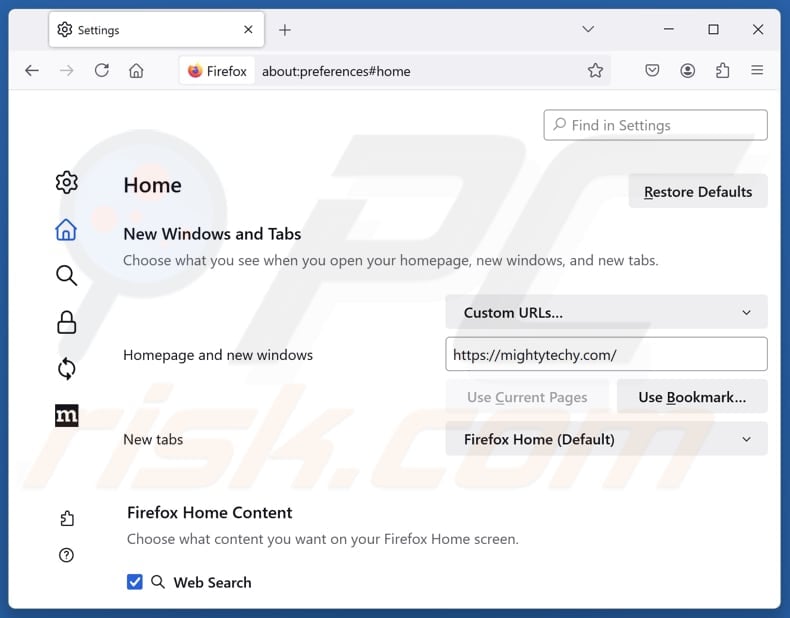 Removing mightytechy.com from Mozilla Firefox homepage