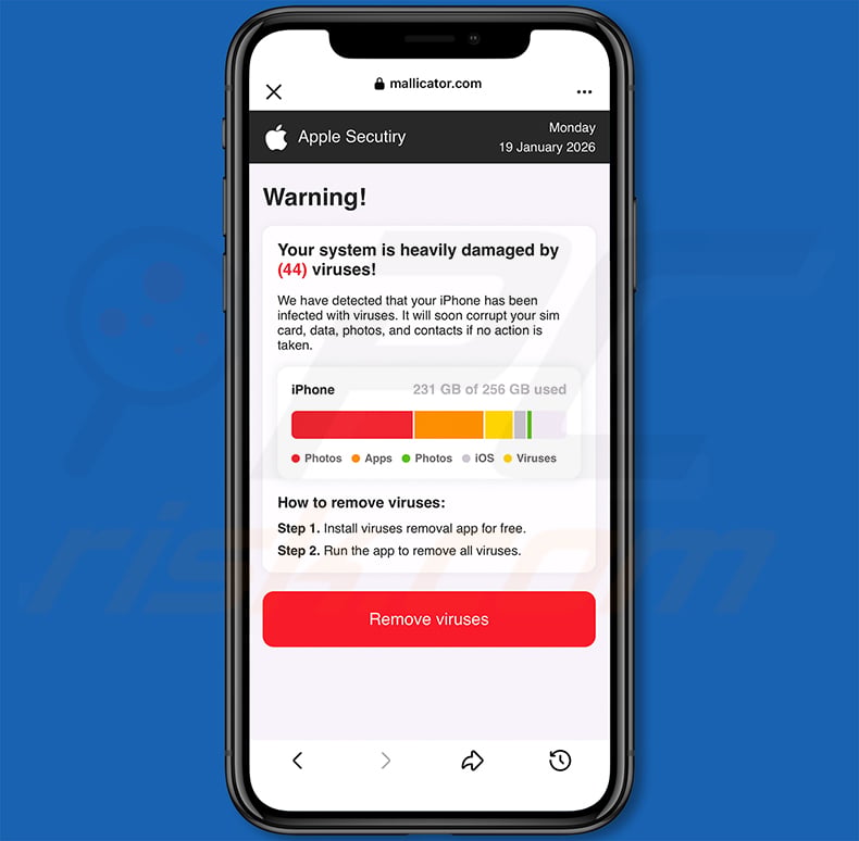 Apple Security - Your System Is Heavily Damaged pop-up scam